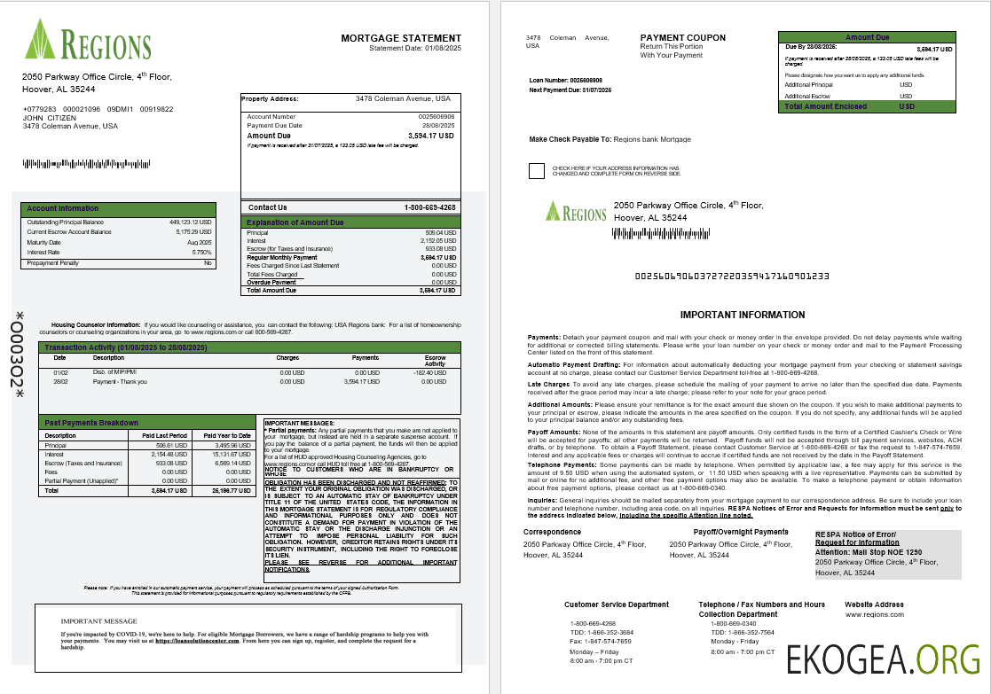 Relevé d'hypothèque bancaire des régions des États , Unis aux formats Word et PDF 1 , 2